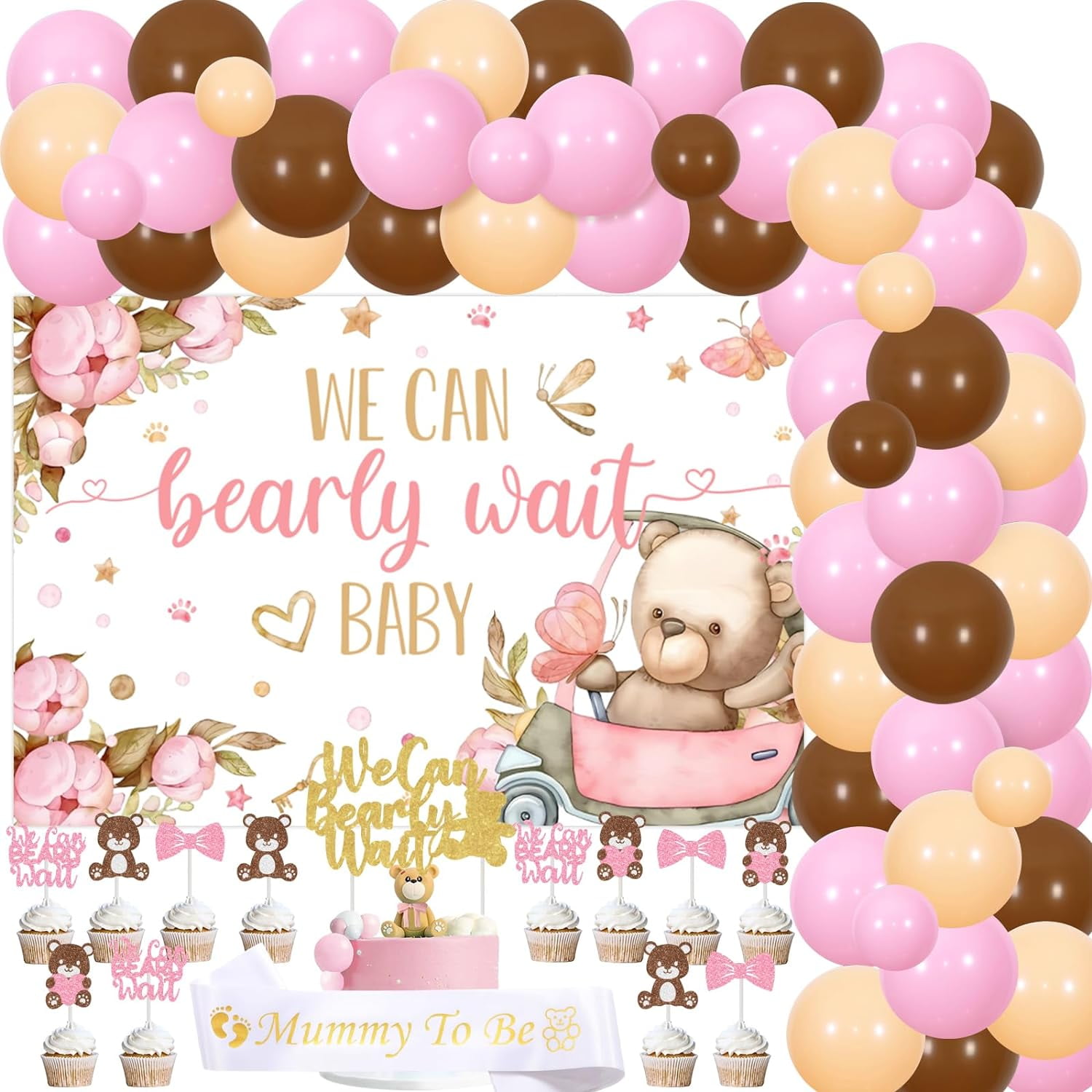 We Can Bearly Wait Baby Shower Decorations for Girl, Bear Baby Shower Decorations, Pink Brown Balloon Garland Arch Kit Backdrop Cake Topper Sash for Beary Baby Shower Party Supplies