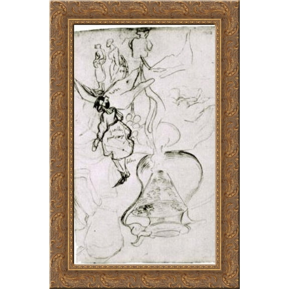 Can, Books, Wineglass, Bread and Arum Sketch of Two Women and a Girl 24x16 Gold Ornate Wood Framed Canvas Art by Vincent van Gogh
