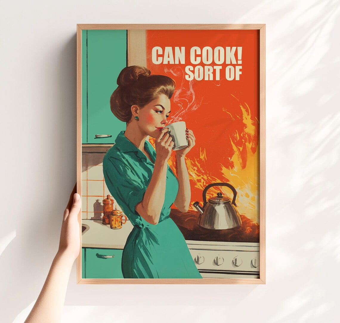 Can Cook Sort Of Retro Mid-Century Kitchen Wall Decor, Stretched Canvas ...