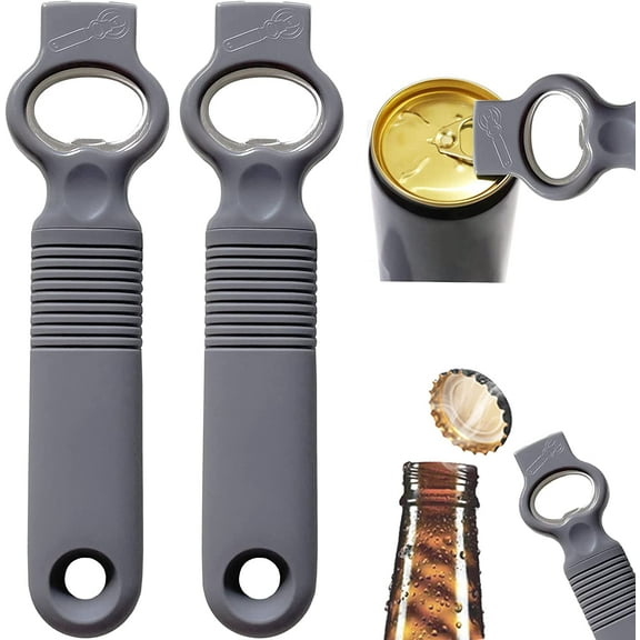 Can Opener and Beer Bottle Opener Bartender with 4.2" Long Silicone Handle, Pop Top Can Tab Opener for Long Nails, Bottle Opener for Arthritic Hand and Seniors 2-Pack Gray