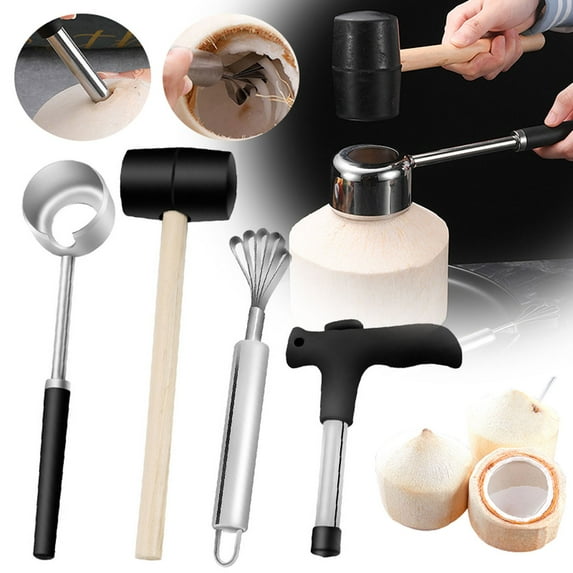 Can Opener,Coconut Opener Tools Set Food Grade Stainless Easy & Coconut Kit Perfect For Fresh Coconut Water & Meat Extraction & Non Slip Handle