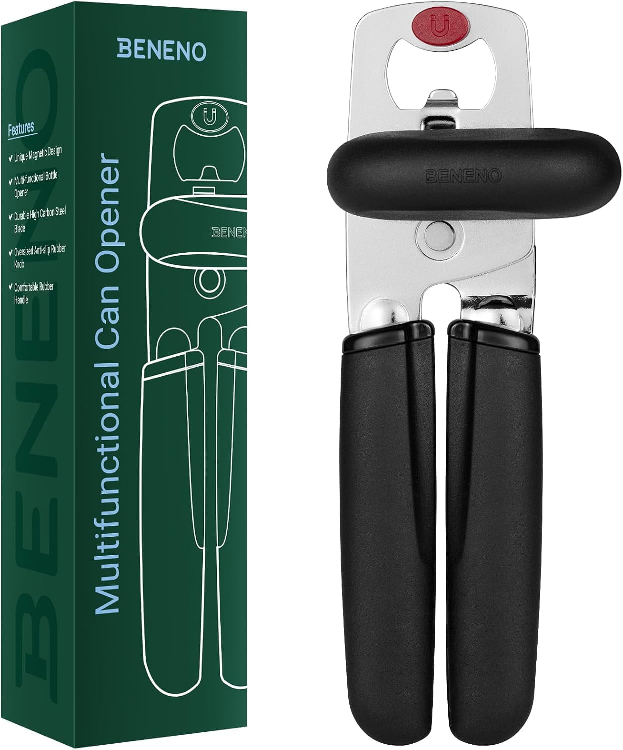 Can Opener, Heavy Duty Manual Can Opener with Magnet Lid Lifter & Bottle Opener, Hand Can Opener Manual with Ergonomic Soft Grip, Easy Turn Knob for Arthritis & Weak Hands, Easy to Use, Black