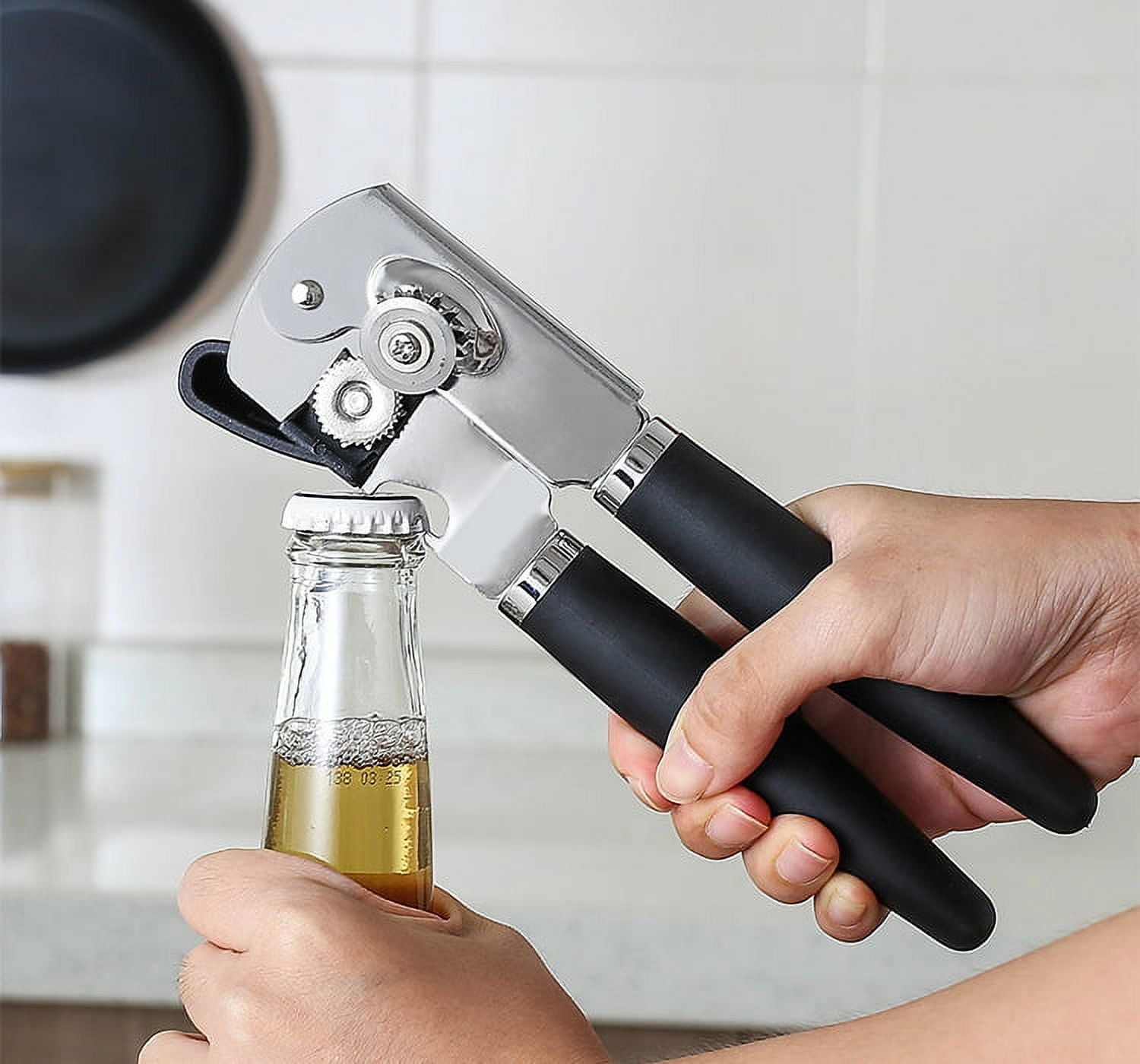 Can Opener, Kitchen Stainless Steel Heavy Duty Can Opener Manual Smooth Edge  Durable Food Safe Cut Tool 3-in-1 Tin Beer Jar Bottle Opener Hand Grip 