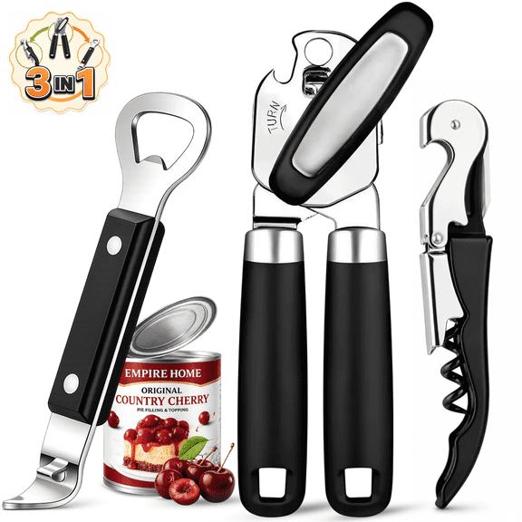 Can Opener Manual, 3pcs Set, Manual Can Opener & Bottle Opener & Wine Opener, Comfortable Grip Handles, Smooth Edge Can Openers with Strong Magnet, Heavy Duty Stainless Steel