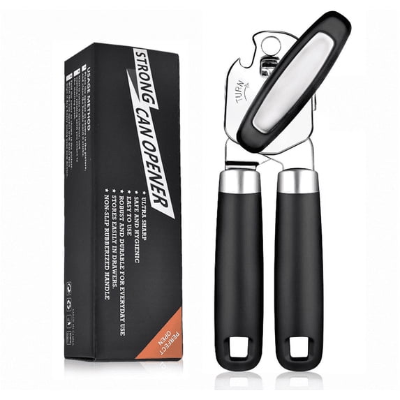 Can Opener Manual Handheld Strong Manual Can Opener Smooth Edge Cut, Can Opener Heavy Duty, Comfortable Soft Handle, Built-in Bottle Opener, Black