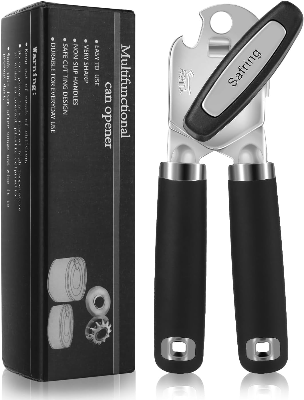 Can Opener Manual, Heavy Duty Handheld Strong with Soft Touch Handle, Sharp Blade Smooth Edge, Openers Multifunctional Bottle Opener, Black