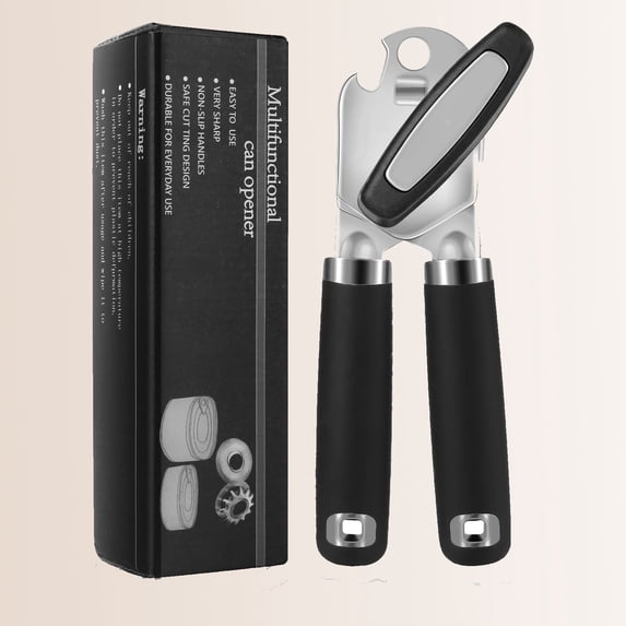 Can Opener Manual, Heavy Duty Handheld with Soft Touch Handle, Sharp Blade Smooth Edge, Multifunctional Bottle Opener, Black