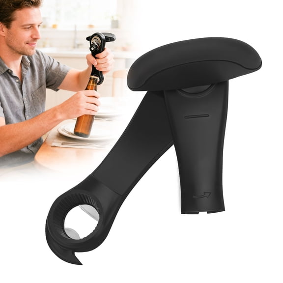 Can Opener, TSV 4-In-1 Multifunctional Manual Can Opener, Kitchen Stainless Steel Heavy Duty Jar Opener, Bottle Opener, Wine Opener for Seniors with Comfortable Long Handles, Black