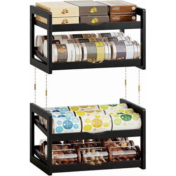 Can Organizer for Pantry, Detachable Bamboo 4 Tier Stackable Can Storage Rack, Rolling Soda Can Dispenser Can Holders for Cabinet, Holds Up to 48 Cans, Black