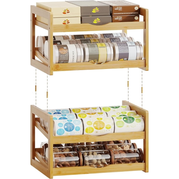 Can Organizer for Pantry, Detachable Bamboo 4 Tier Stackable Can Storage Rack, Rolling Soda Can Dispenser Can Holders for Cabinet, Holds Up to 48 Cans
