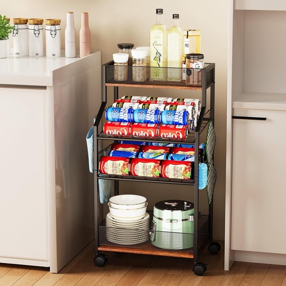 Can Organizer for Pantry - Rolling Snack Cart, Multi-Layer Soda Can Organizer for Pantry, Mobile Beverage Storage Rack with Wheels, Versatile Metal Shelf for Kitchen and Office, Black Brown