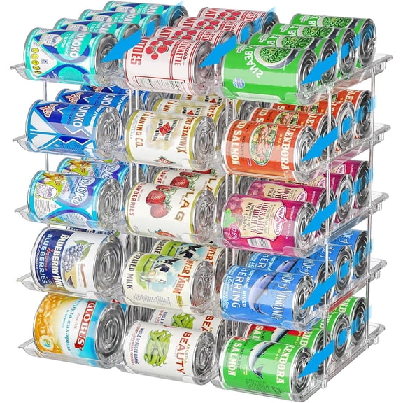 Can Organizer for Pantry Stackable 5 Tiers Can Storage Organizer Pantry Soda Can Organizer for Fridge 60 Cans Rack Automatic Rolling Canned Food Organizer for Refrigerator Kitchen Clear