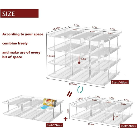 Can Organizer for Pantry, 3 Sets 4 Tiers Storage Rack for Soda Cans, Automatic Rolling Stackable Clear Food Organizer