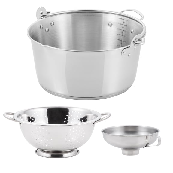Can & Preserve - 9Qt PrepNCook Maslin Pan by McSunley (Maslin + Stainless Steel Funnel & Colander)