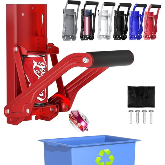 Can - Wall Mounted Can Crushers for Recycling - with Auto-Drop System -Built-in Bottle Opener-Crushes 8-16oz Cans-Includes Kitchen Storage Bag-Heavy Duty Can for Use-Red