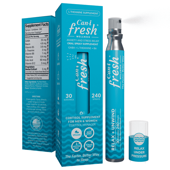 Fast-Acting Cortisol Reducer Oral Spray for Stress Relief with GABA & L-Theanine, 30 Servings