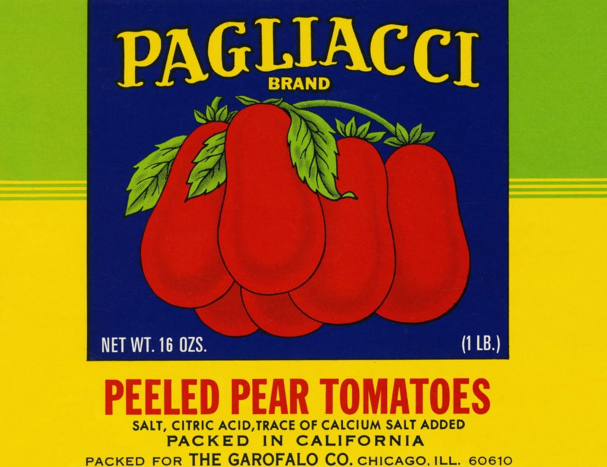 Can label to Pagliacci Brand Peeled Pear Tomatoes featuring the fruit