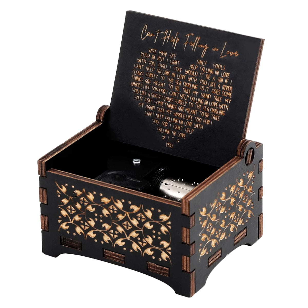Can't Help Falling in Love Wood Music Box, Antique Engraved Wooden