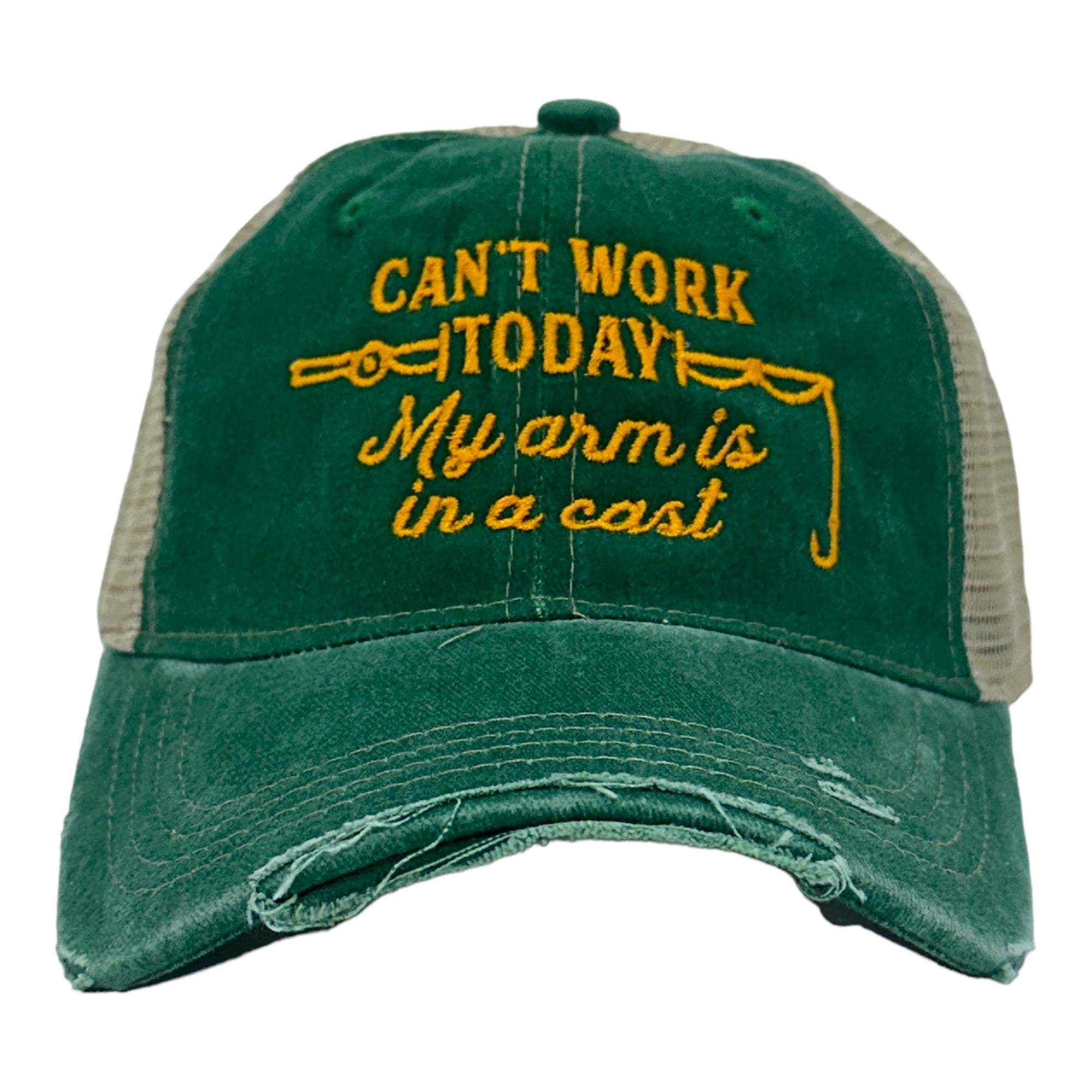 Can't Work Today My Arm Is In A Cast Hat Funny Fishing Rod Joke Trucker Cap