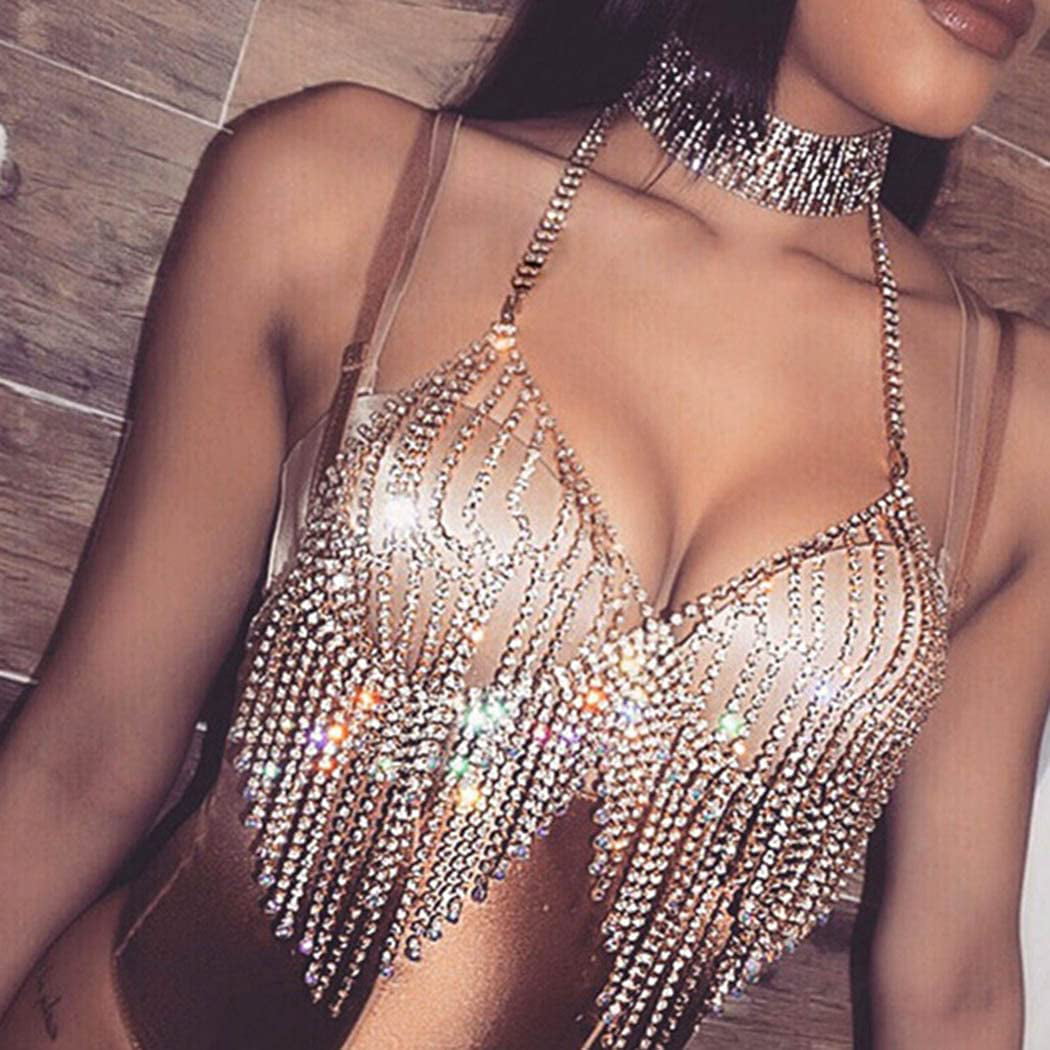 Shiny Full Rhinestone Bra Chains Women Luxury Crystal Body Chain Chest  Necklace