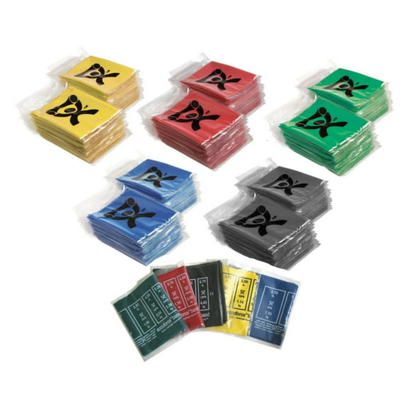 CanDo Accu-Force exercise resistance band, 48" strip dispenser boxes, 1 box ea: yellow through black)