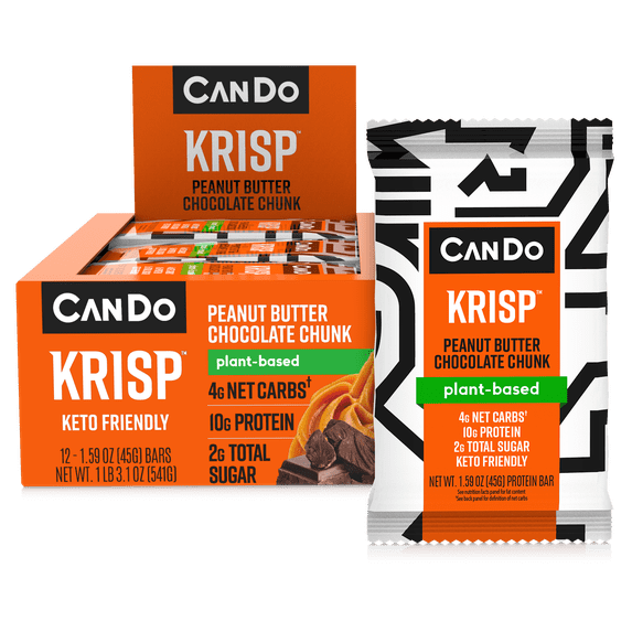 CanDo Keto Krisp Protein-Rich Snack Bars, Peanut Butter and Chocolate Chunk, 12-Pack