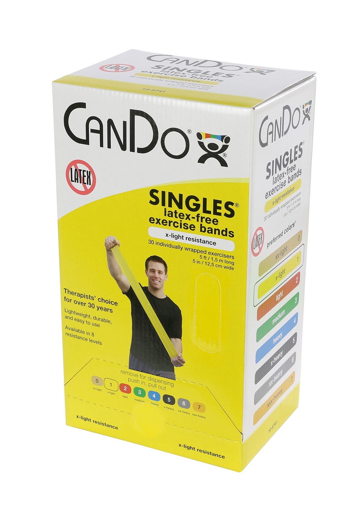 CanDo Latex-Free Exercise Band, 5-Foot Singles, 30-Pieces Dispenser, Yellow
