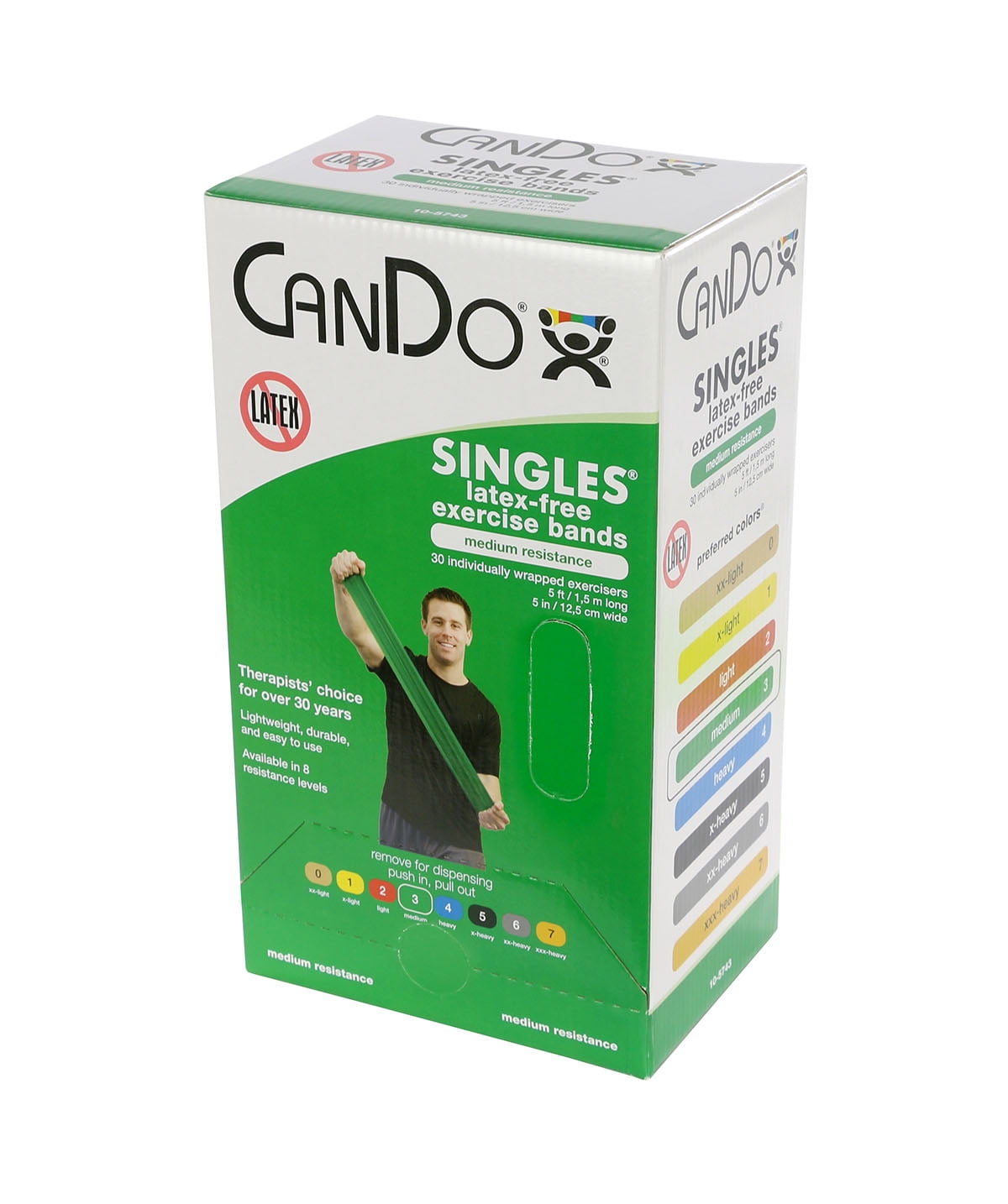 CanDo Latex-Free Exercise Band Box of 30, 5 Ft. Length Green, Medium