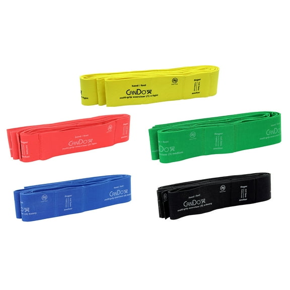 CanDo Multi-Grip 6 Foot Resistance Bands with hand, foot and finger loops for total body workouts, training, rehab, stretching or therapy. Set of 5 Resistance Levels