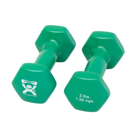 CanDo Vinyl Coated Dumbbells, 3lb Pair, Green, Anti-Roll, for Muscle Training, 2 Pack
