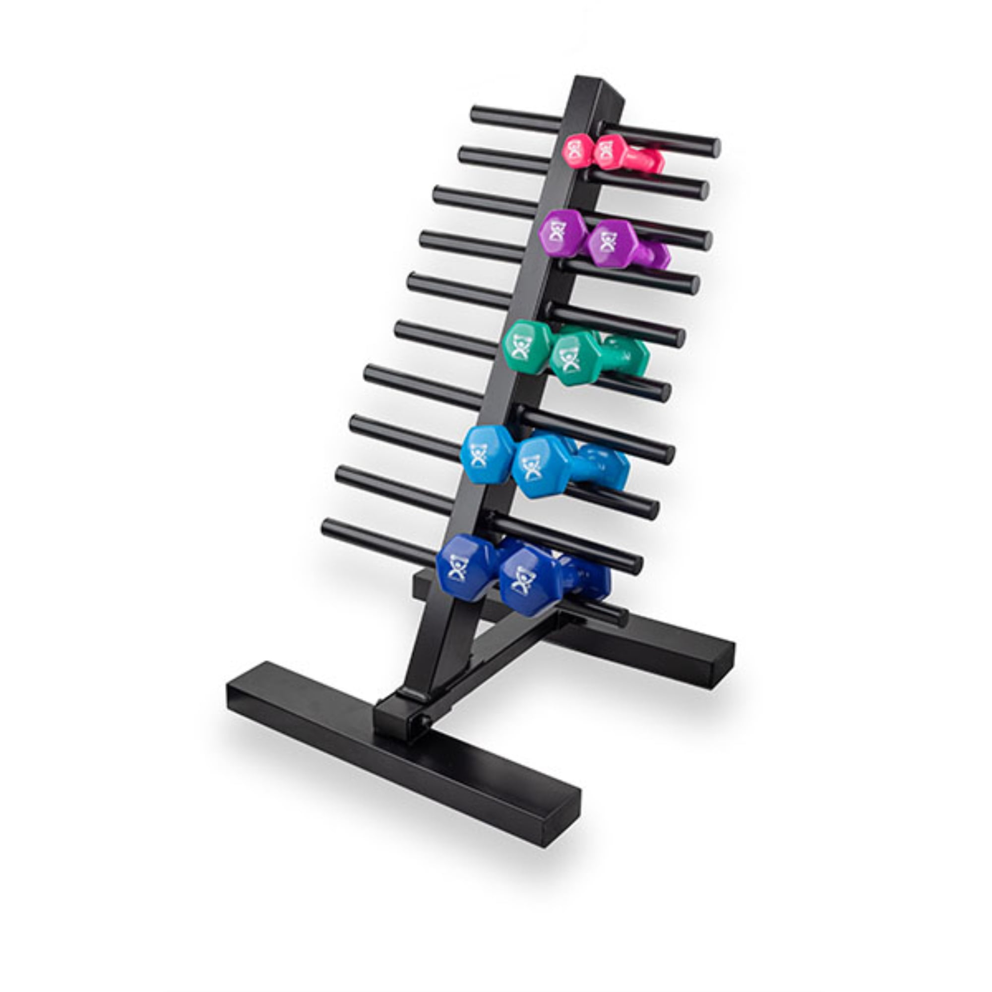 CanDo Vinyl Coated Dumbbells 5 Pairs, 2 Each 1lb, 2lb, 3lb, 4lb, 5lb with Floor Storage Rack Handheld Weights for Muscle Training and Workouts, Color Coded Anti-Roll Home Gym Equipment