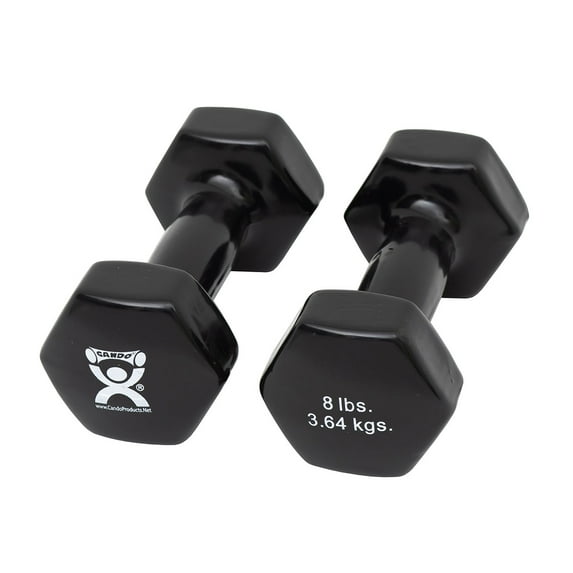 CanDo Vinyl Coated Dumbbells Pair Black 8 lb 2pc Handheld Weights for Muscle Training and Workouts, Color Coded Anti-Roll Home Gym Equipment, Beginner and Pro