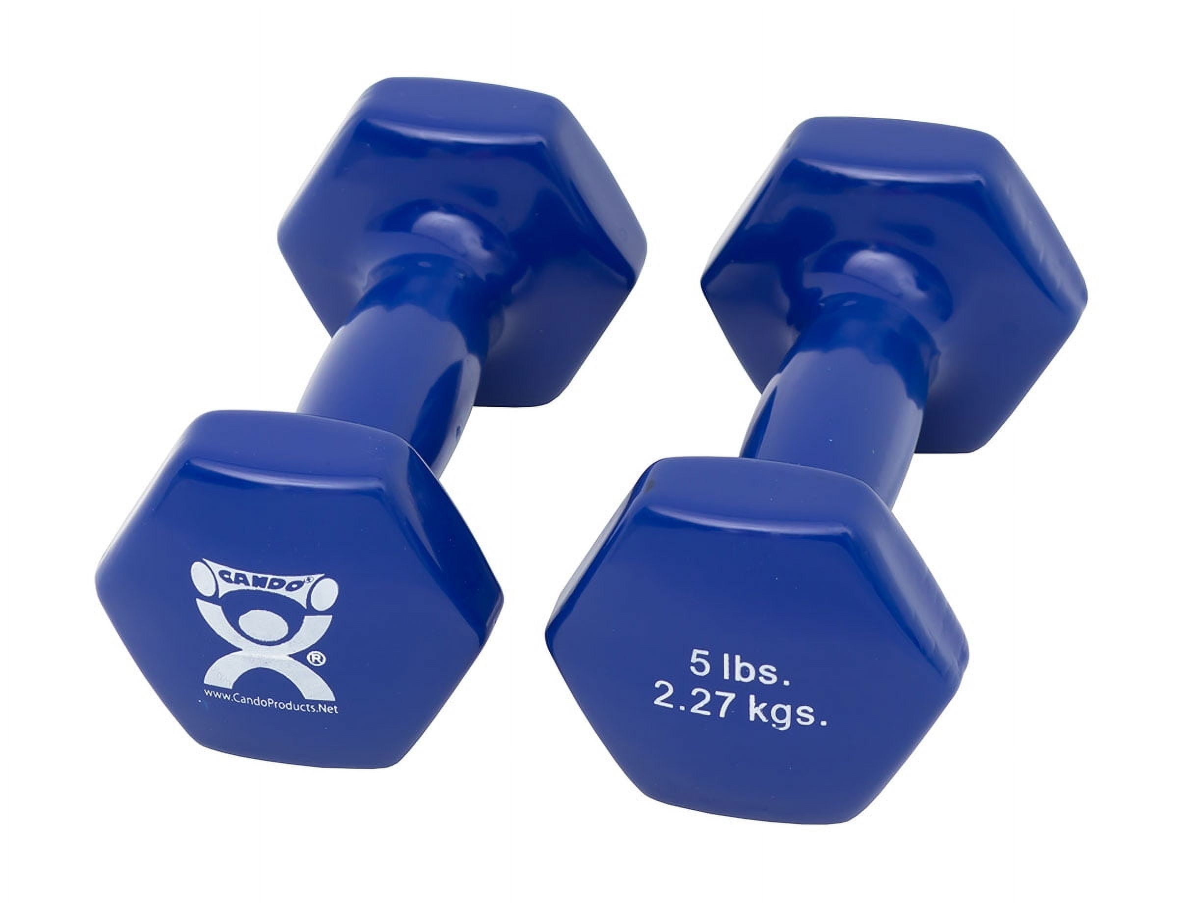 CanDo Vinyl Coated Dumbbells Pair Blue 5 lb 2pc Handheld Weights for Muscle Training and Workouts, Color Coded Anti-Roll Home Gym Equipment, Beginner and Pro