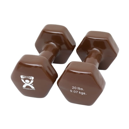 CanDo Vinyl Coated Dumbbells Pair Brown 20 lb 2pc Handheld Weights for Muscle Training and Workouts, Color Coded Anti-Roll Home Gym Equipment, Beginner and Pro