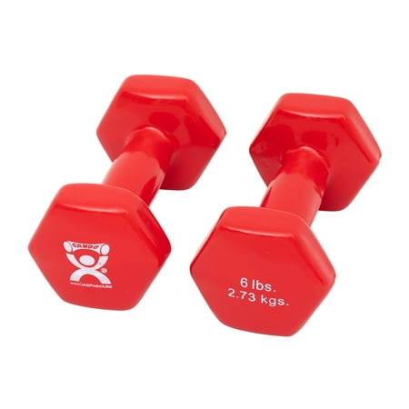 CanDo Vinyl Coated Dumbbells Pair Red 6 lb 2pc Handheld Weights for Muscle Training and Workouts, Color Coded Anti-Roll Home Gym Equipment, Beginner and Pro