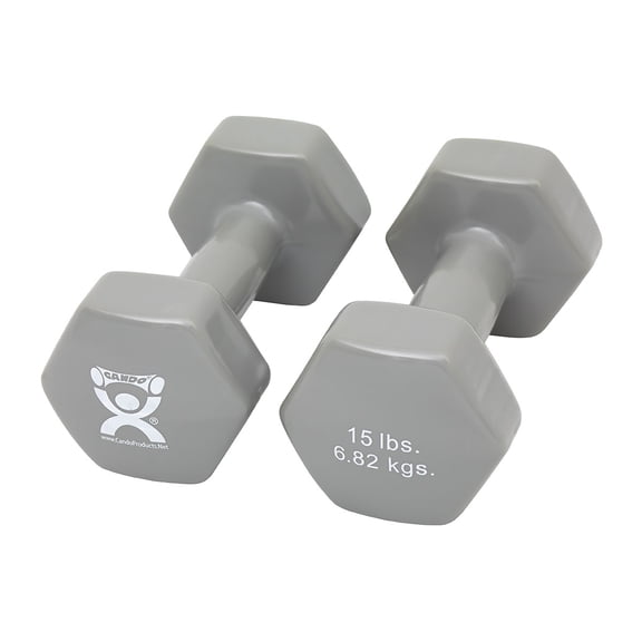 CanDo Vinyl Coated Dumbbells Pair Silver 15 lb 2pc Handheld Weights for Muscle Training and Workouts, Color Coded Anti-Roll Home Gym Equipment, Beginner and Pro