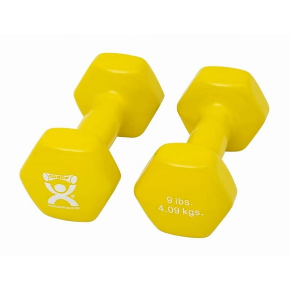 CanDo Vinyl Coated Dumbbells Pair Yellow 9 lb 2pc Handheld Weights for Muscle Training and Workouts, Color Coded Anti-Roll Home Gym Equipment, Beginner and Pro