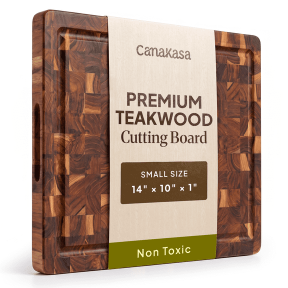 CanaKasa End Grain Teak Wood Cutting Board 14x10 Inch – 1" Thick Compact Kitchen Prep Board with Juice Groove, Knife-Friendly Teak for Meat & Vegetables