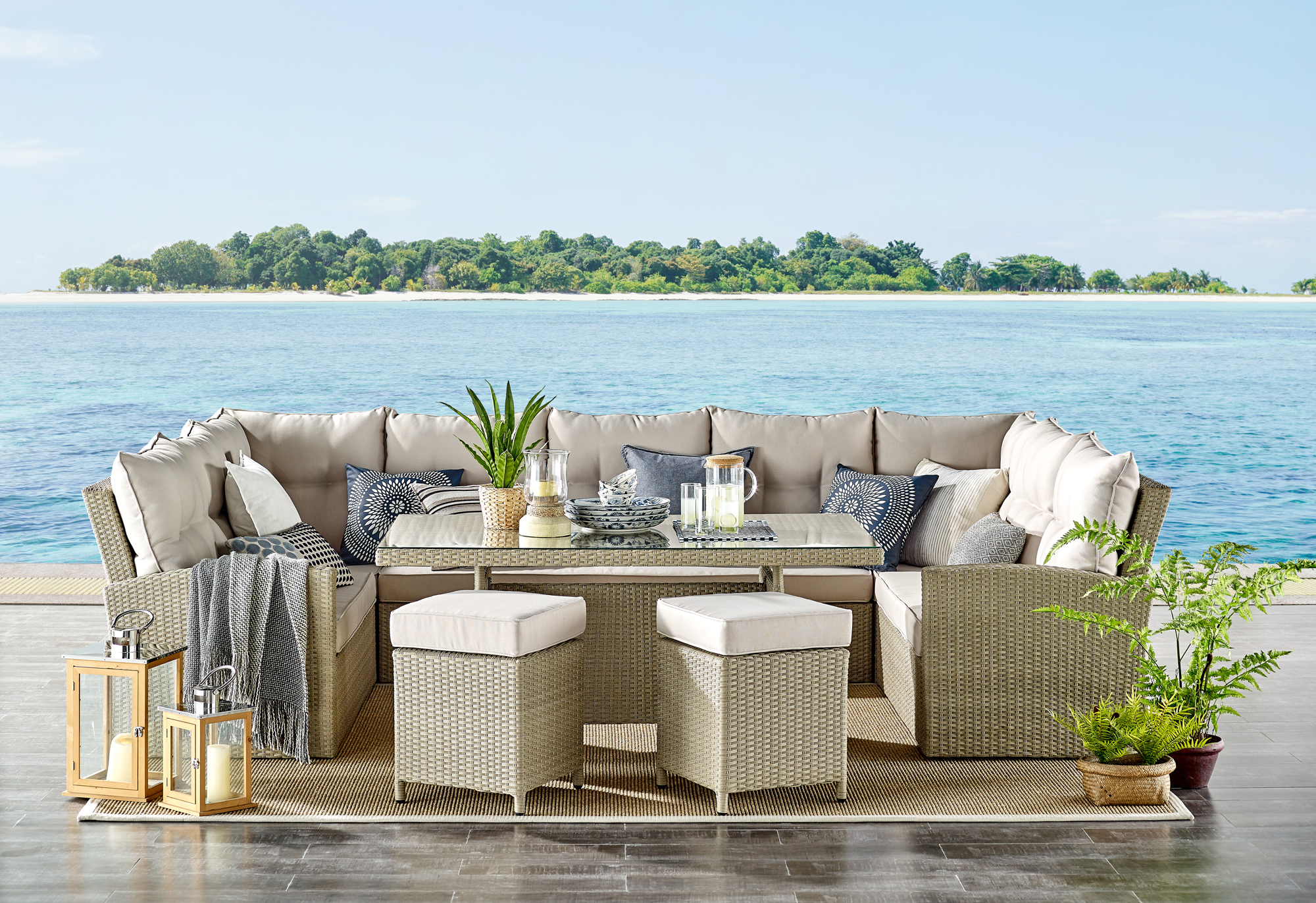 Canaan All-Weather Wicker Outdoor Horseshoe Sectional Sofa with Cream Cushions - image 1 of 4