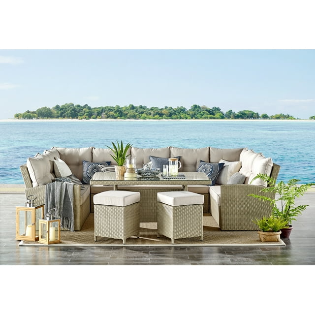 Canaan All-Weather Wicker Outdoor Horseshoe Sectional Sofa with Cream Cushions