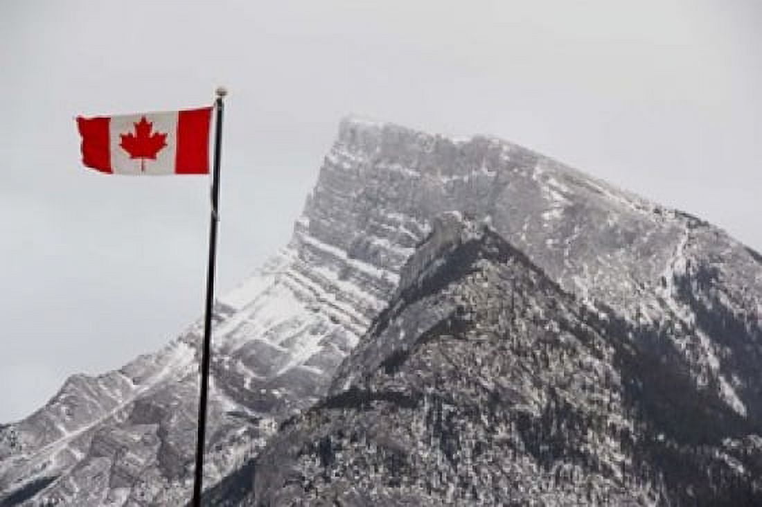 Canada Alberta Banff Mountain view with flag Canvas Art - Cindy Miller Hopkins DanitaDelimont (26 x 17)