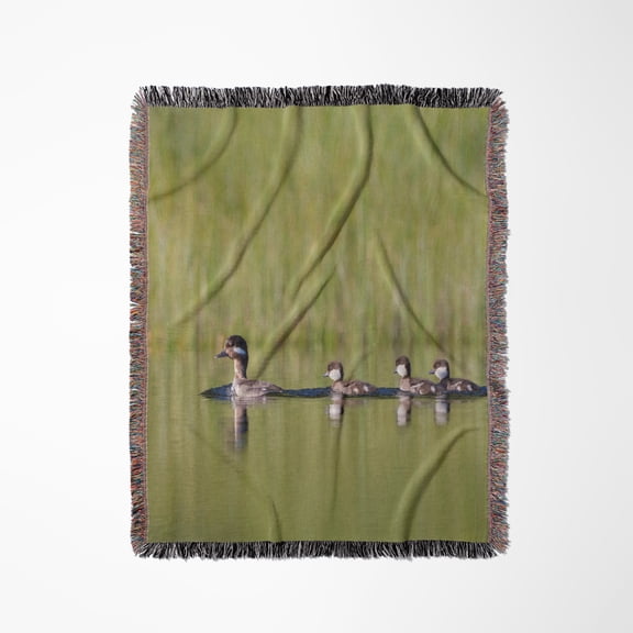 Canada, B.C., A Female Bufflehead Leads Her Ducklings On A Quiet Pond., Woven Blanket