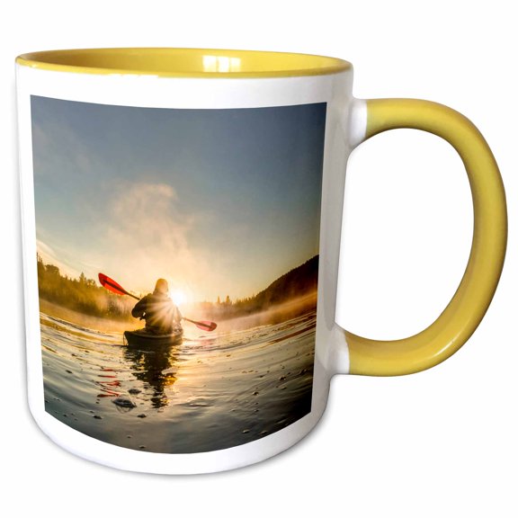 3drose, Canada, B.c., a Kayaker Paddles in Sunlit Early Morning Mist on a Lake, 11oz Two-tone Yellow Mug