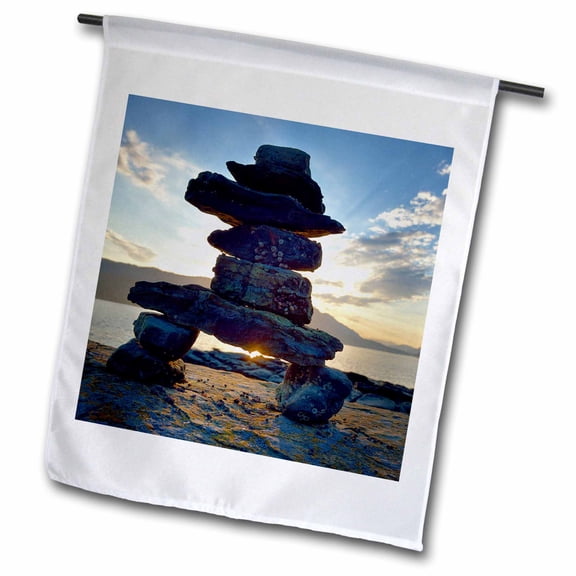 3dRose, Canada, B.C., Russell Island. Rock Inukshuk backlit from the sunset., 12 x 18 inch Garden Flag