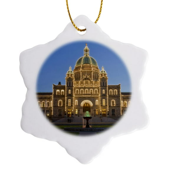 3drose, Canada, Bc, Victoria, Bc Parliament Building at Dusk-cn02 Rti0063 - Rob Tilley, 3 inch Snowflake Porcelain Ornament