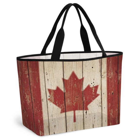 Canada Beach Bag for Women,Large Breathable Mesh Beach Tote Bag,Red Maple Leaf Flag Vintage Farmhouse Wooden Grain Sandproof Lightweight Travel Bags for Vacation Picnic Swimming Pool 15.7"x15.7"x9.1"