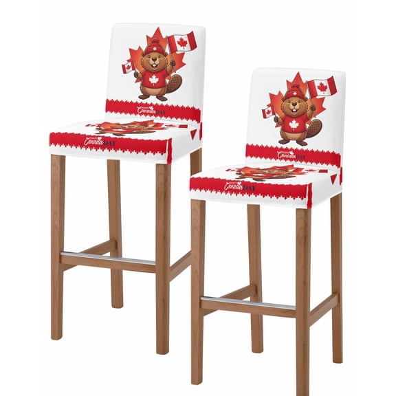 Canada Beavers Bar Stool Covers Set of 2, Modern Chic Maple Leaf Red Brown Stretch Washable Bar Chair Covers with Backs, Removable Pub Counter Height Chair Cover for Kitchen Dining Room Cafe