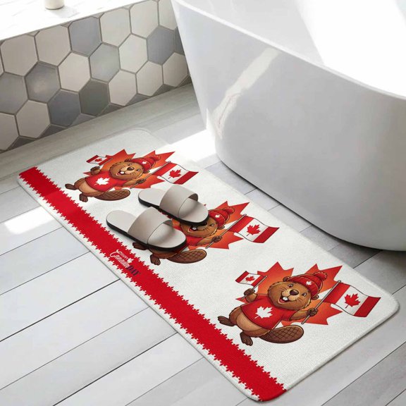 Canada Beavers Bathroom Runner Rugs Non Slip Washable Absorbent Narrow Long Bath Mat Modern Chic Maple Leaf Red Brown Runner Rugs for Kitchen Hallway Bedroom Laundry Study Room 31.5"x63"