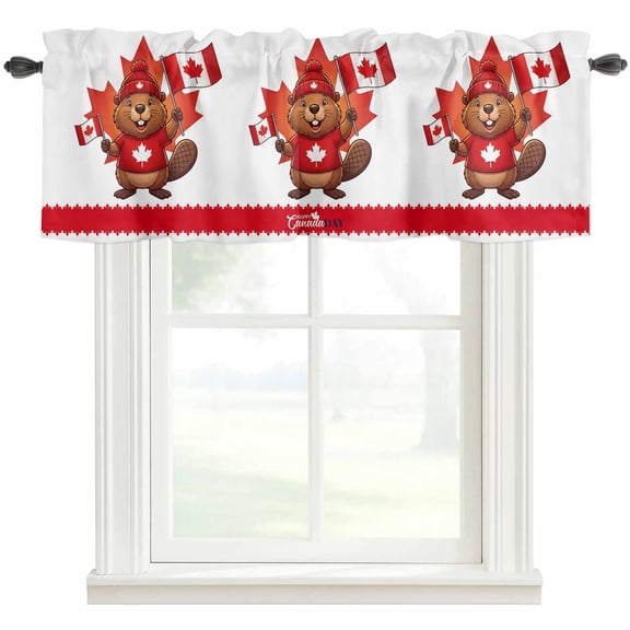 Canada Beavers Kitchen Valances for Windows, Modern Chic Maple Leaf Red Brown Bathroom Window Valances 42x12 Inch Rod Pocket Window Treatments Valance Curtains for Living Room Bedroom Decor