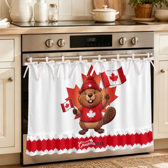 Canada Beavers Oven Curtain with Tie Top, Oven Skirt Curtain for Kitchen, Modern Chic Maple Leaf Red Brown Under OvenCover Panel for Dust & Grease Protection, Apartment RV Cabinet Curtains 27''x20''